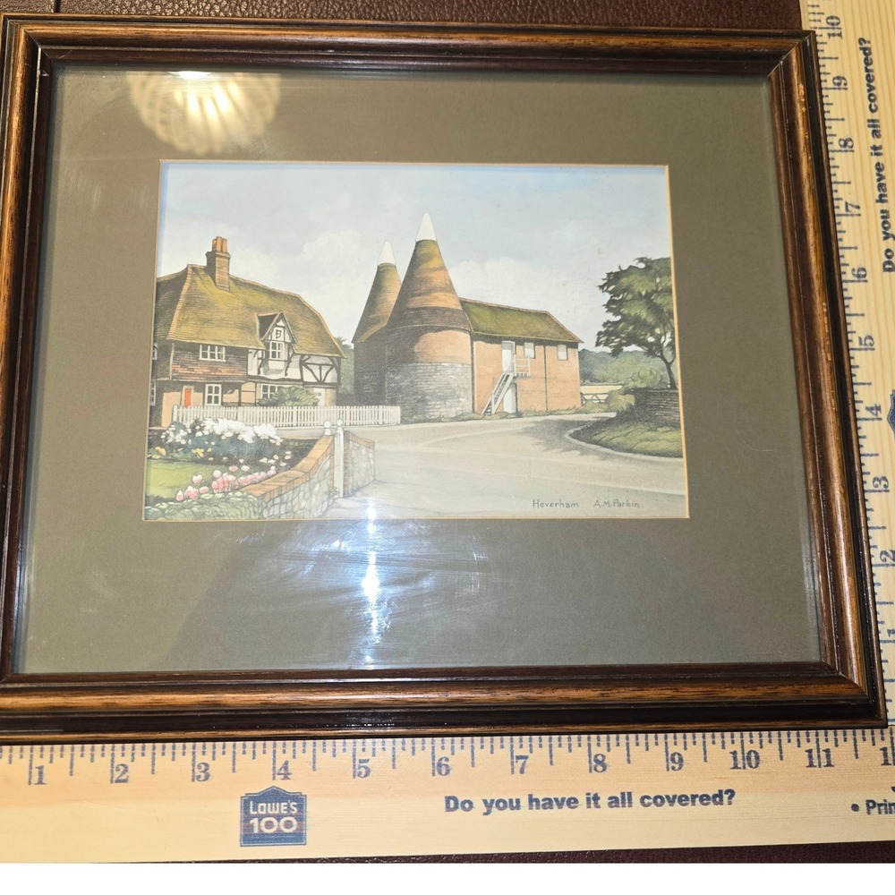 A.M. Parkin Hand Colored Print Oast Houses at Heverham Kent Framed Art 11.5x9.5